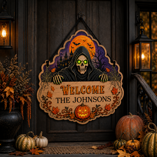 Personalized Grim Reaper Halloween Wooden Door Sign