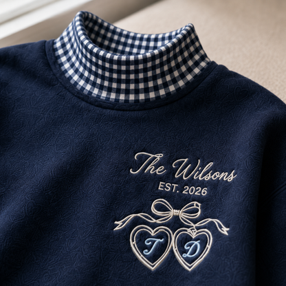 Sweet Personalized Gingham Sweatshirt for Newlyweds with Family Name