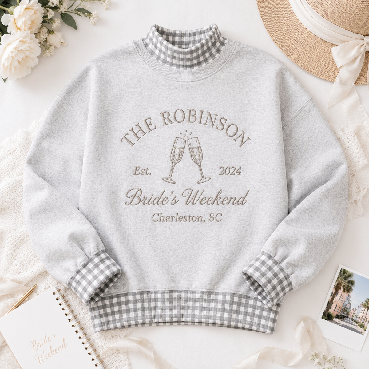 Personalized Gingham Sweatshirt for Bachelorette Weekend, Name & Location
