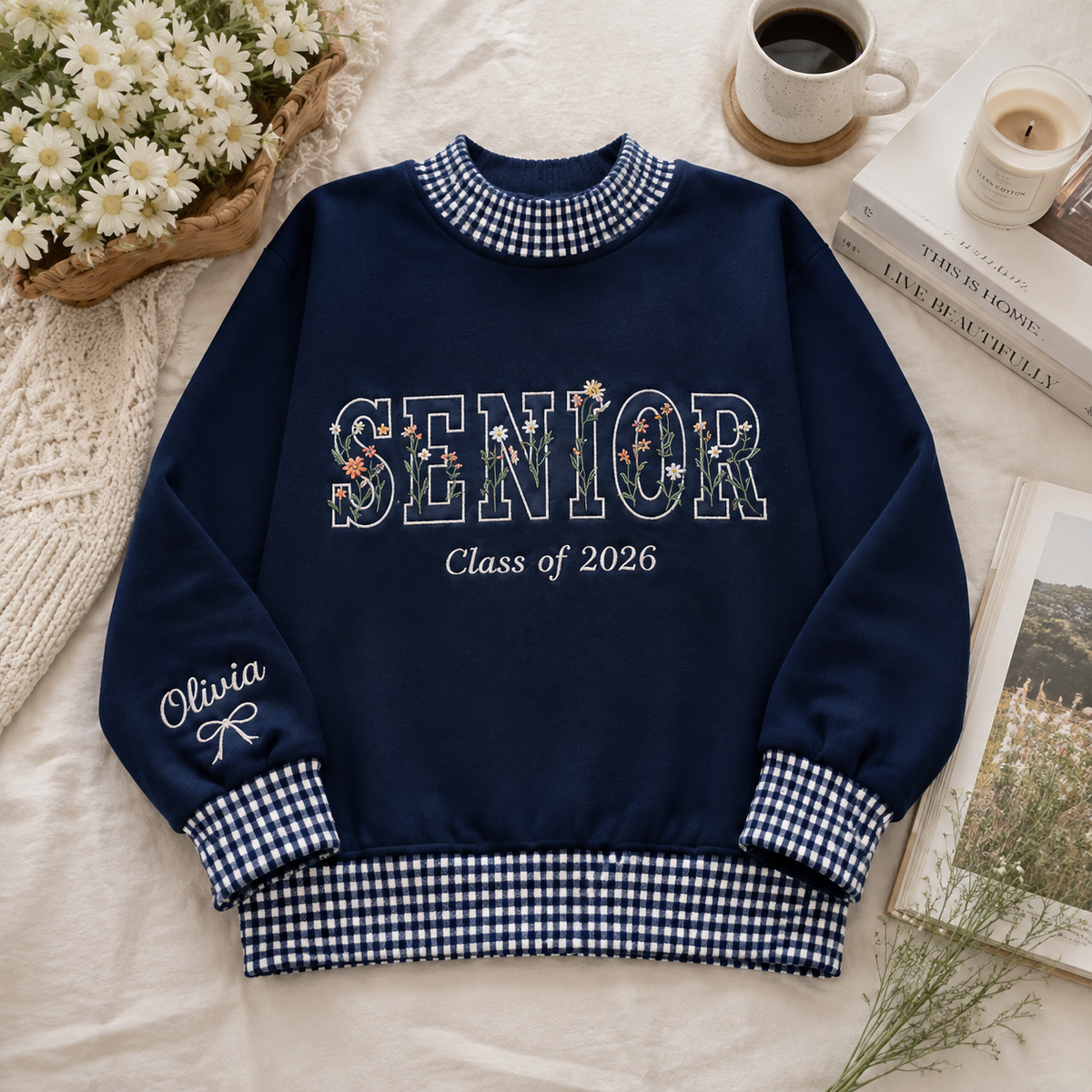 Navy blue senior graduation sweatshirt with custom name embroidery