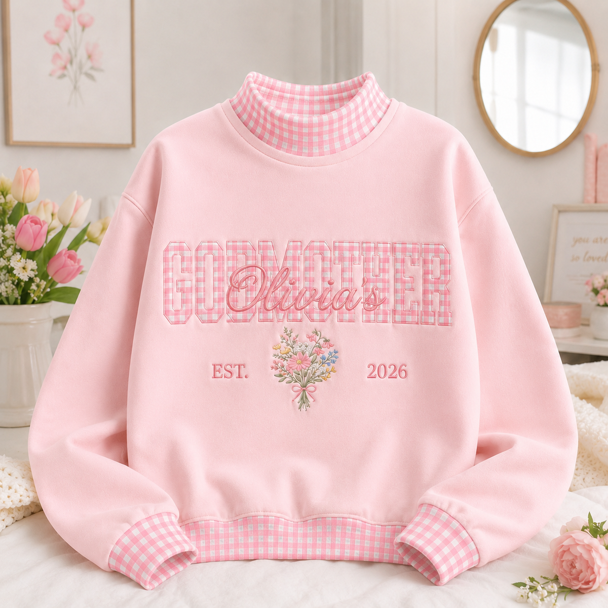 Charming Personalized Godmother Sweatshirt Gingham Mockneck