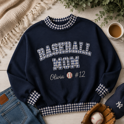 Navy personalized baseball mom sweatshirt flat lay