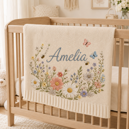 Personalized Wildflower Meadow Embroidered Baby Knit Blanket with Bees & Butterflies