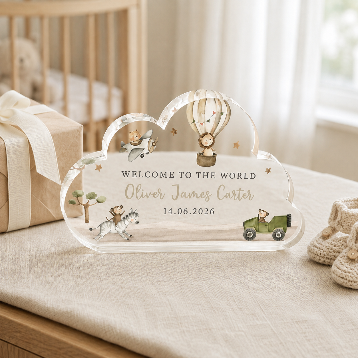 Personalized Safari Cloud Acrylic Newborn Keepsake – Name & Birth Date