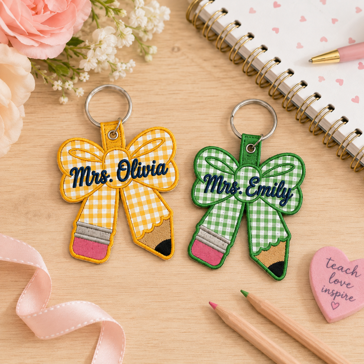 Personalized Teacher Pencil Bow Keychain