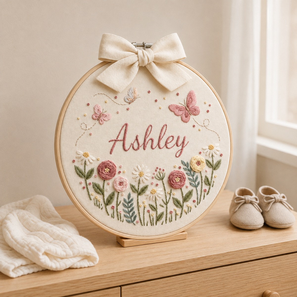 Personalized Butterfly Floral Baby Name Embroidery Hoop