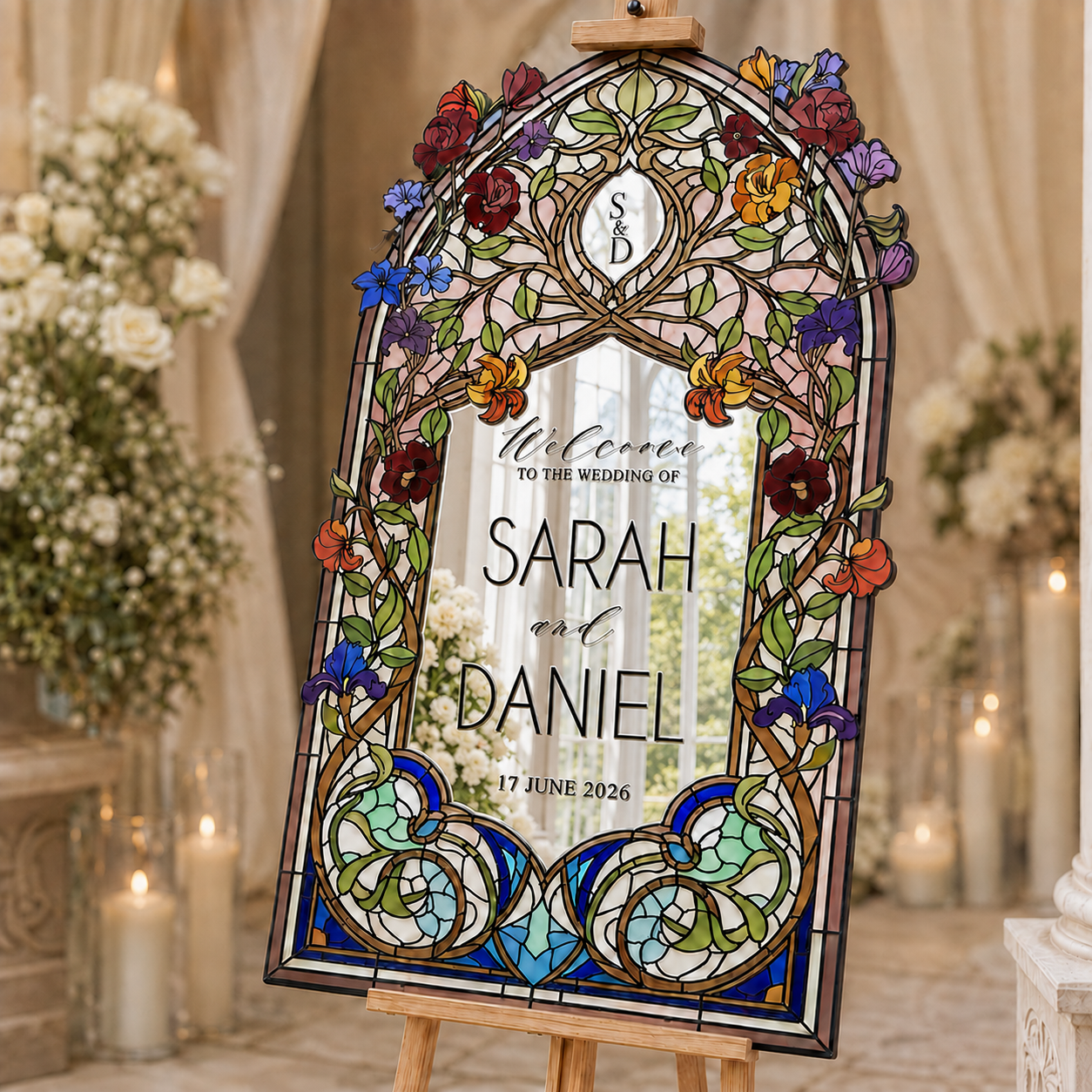 Personalized Art Nouveau Stained Glass Wedding Welcome Sign