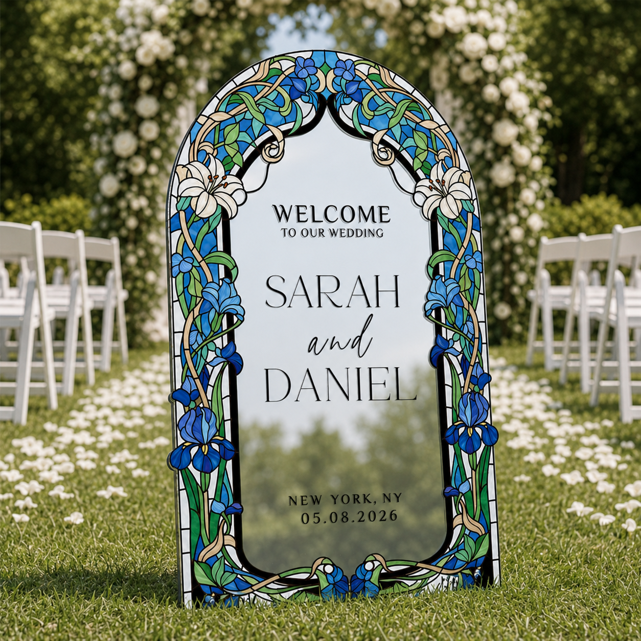 Personalized Blue Iris Stained Glass Wedding Welcome Sign