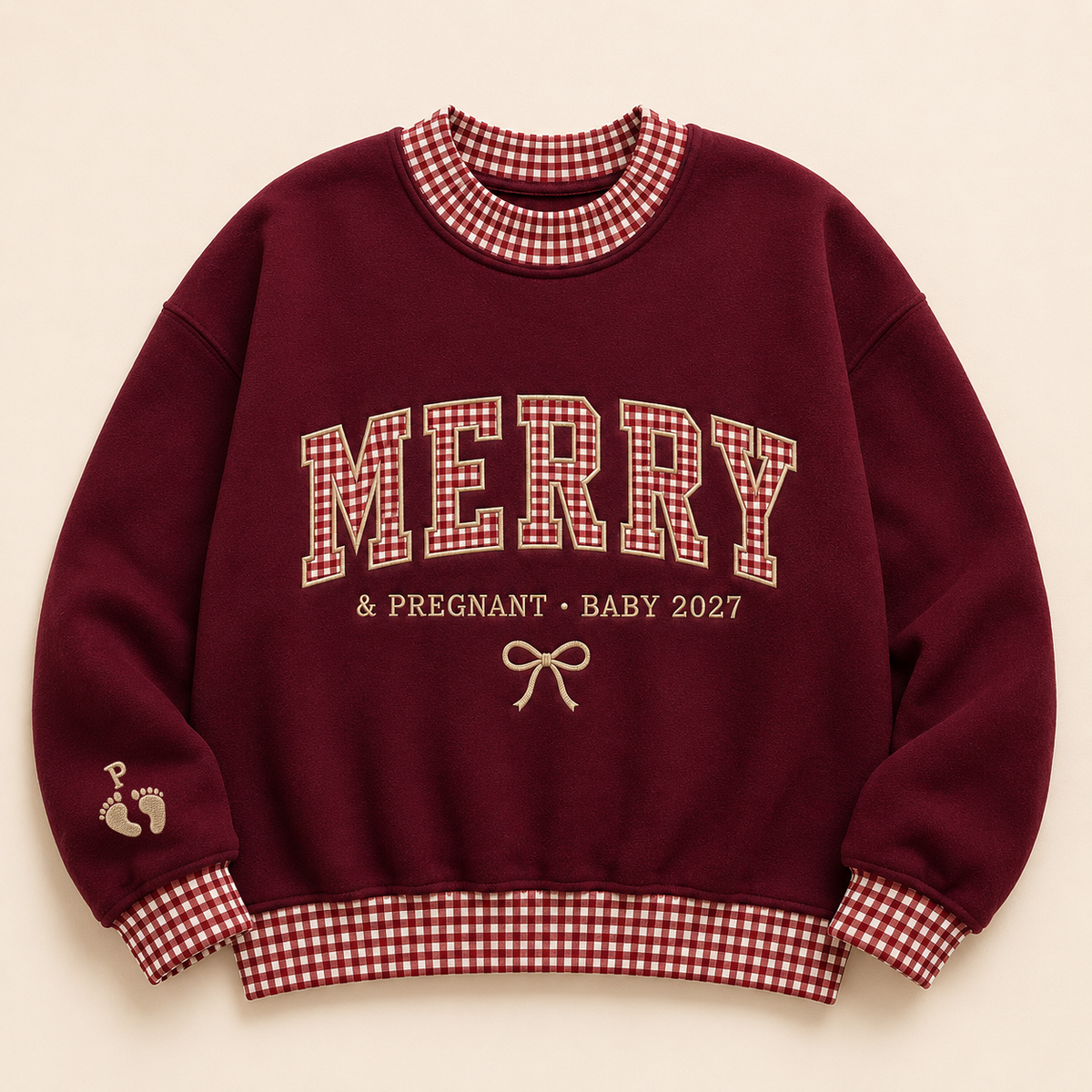Personalized Pregnancy Announcement Embroidered Gingham Sweatshirt