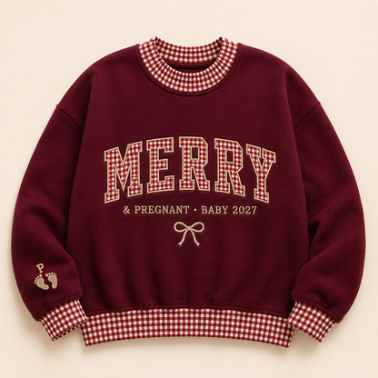 Personalized Pregnancy Announcement Embroidered Gingham Sweatshirt