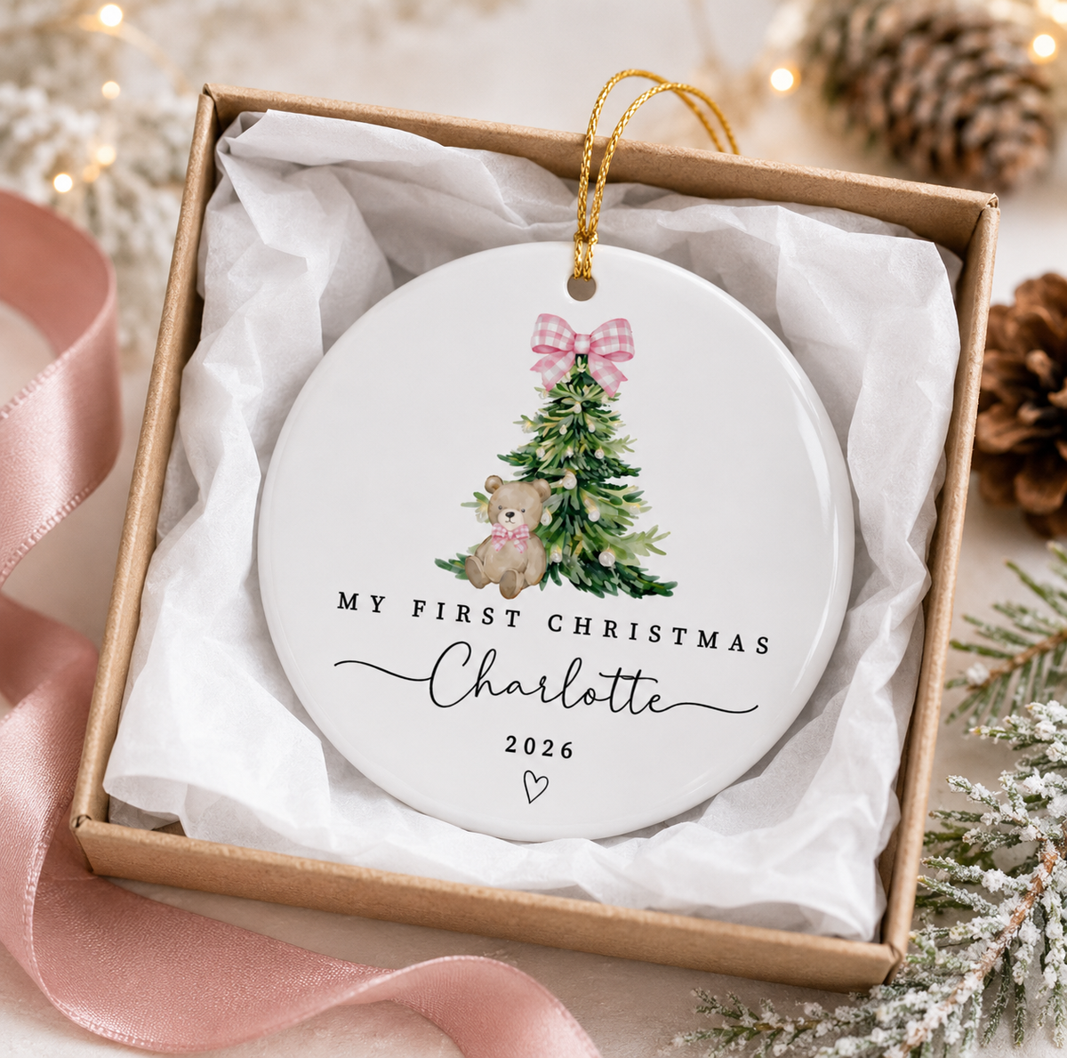 Personalized Baby Girl First Christmas Ceramic Ornament