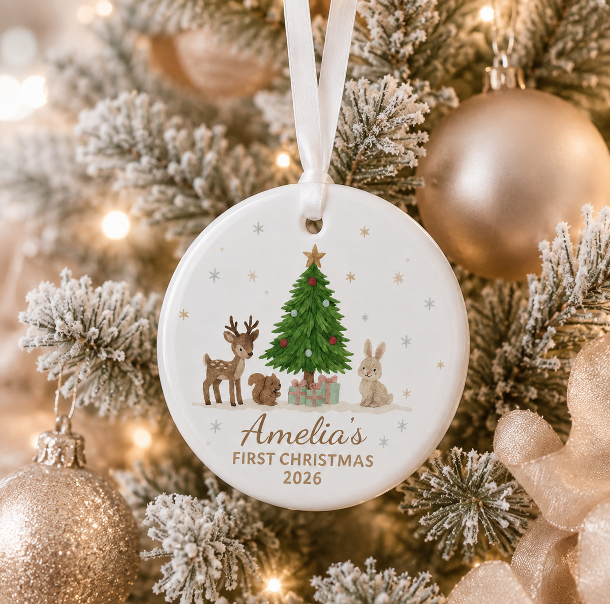 Personalized Baby First Christmas Woodland Animals Ceramic Ornament