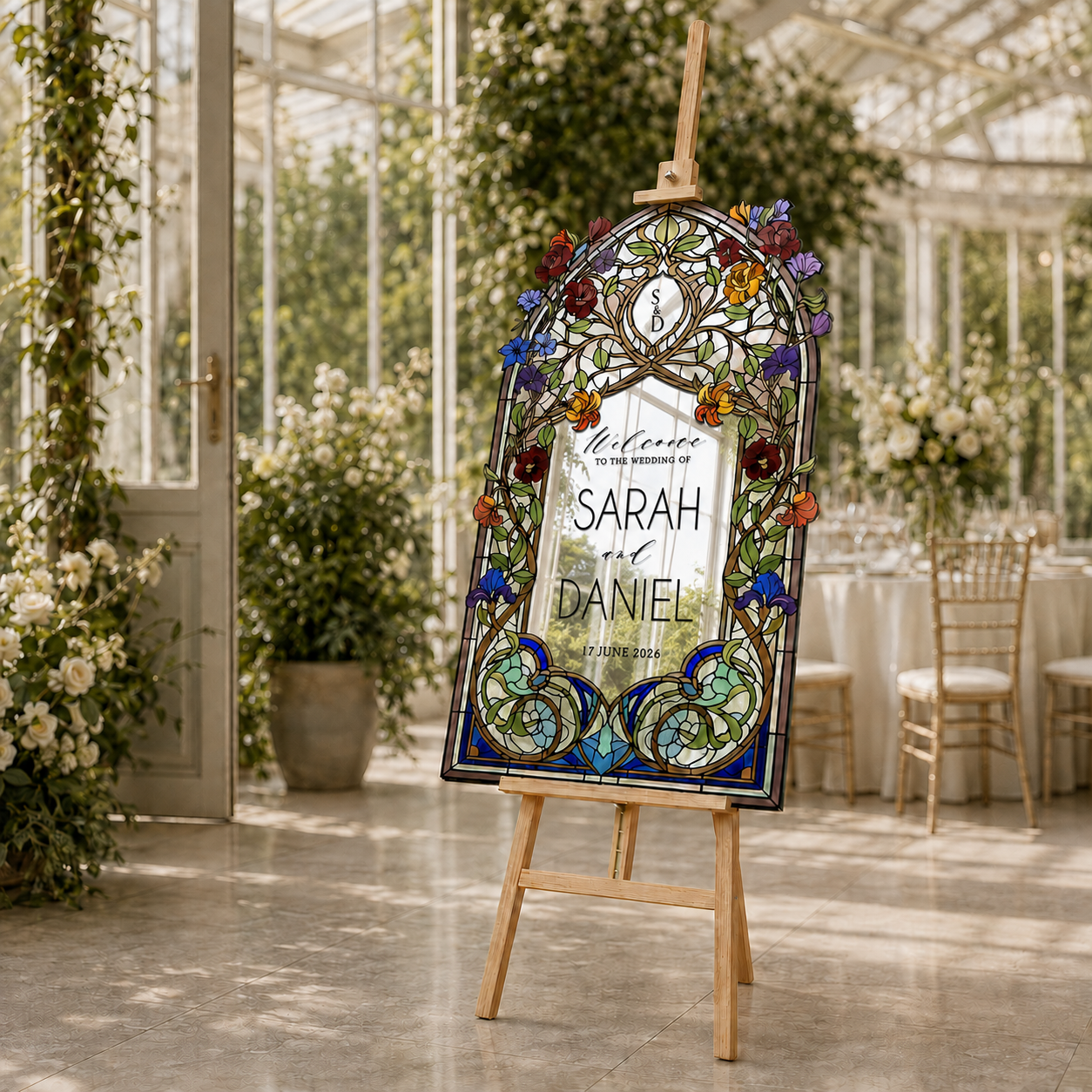 Personalized Art Nouveau Stained Glass Wedding Welcome Sign