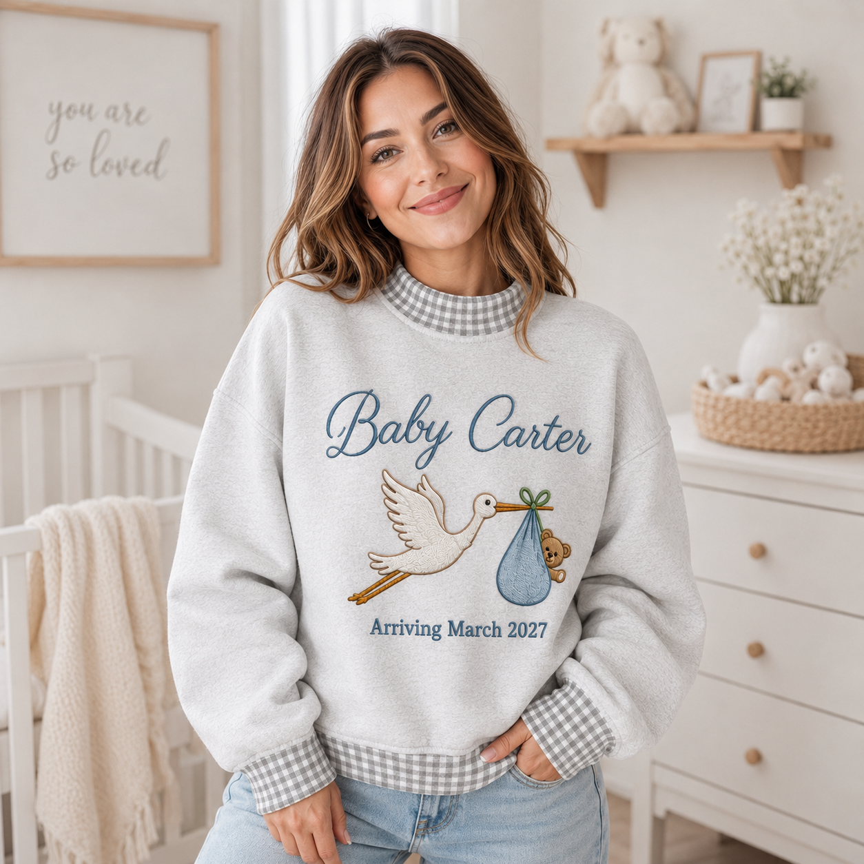 Personalized Baby Announcement Gingham Mockneck Sweatshirt