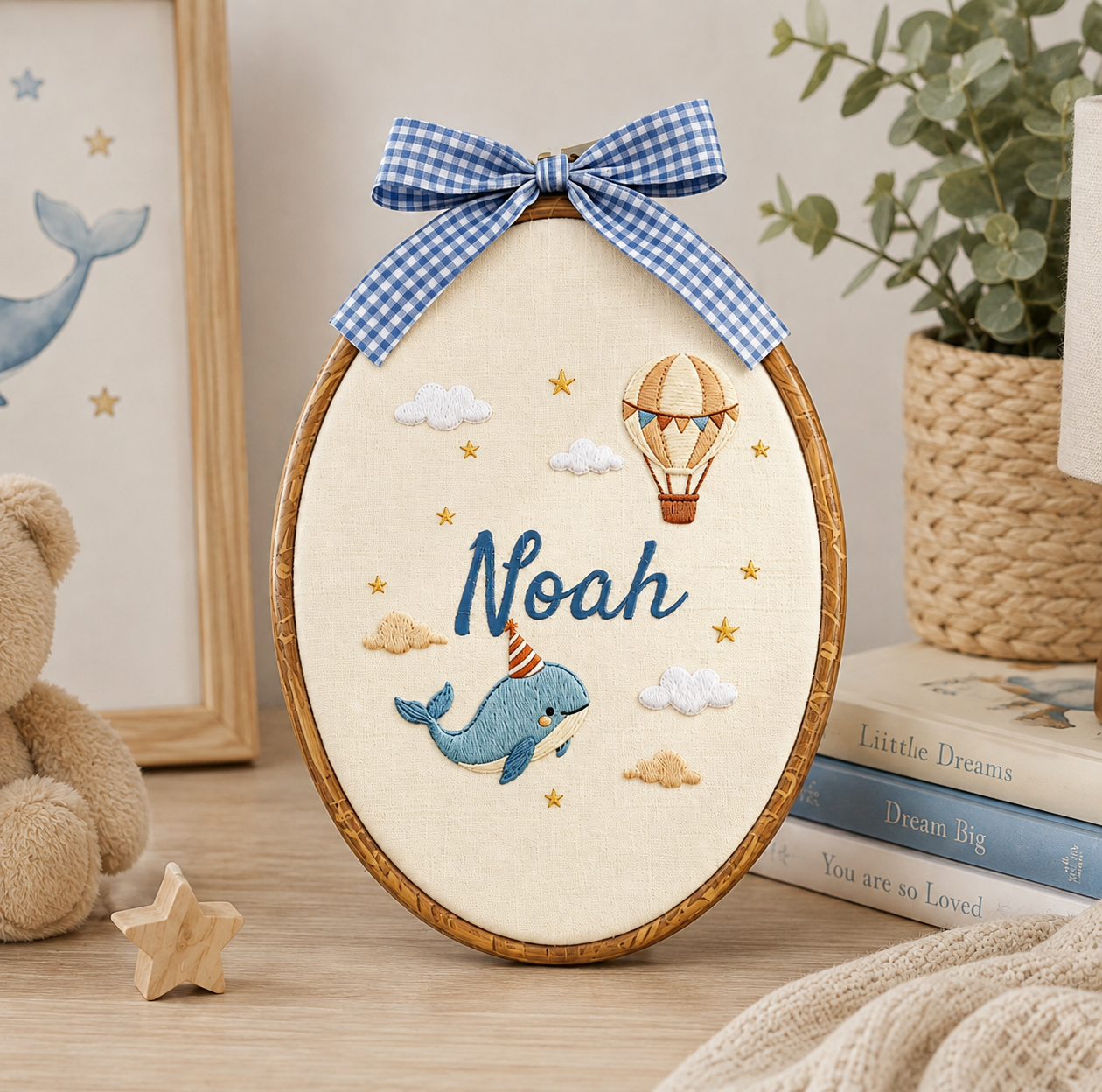 Personalized Whale & Hot Air Balloon Baby Name Embroidery Hoop