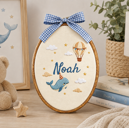 Personalized Whale & Hot Air Balloon Baby Name Embroidery Hoop
