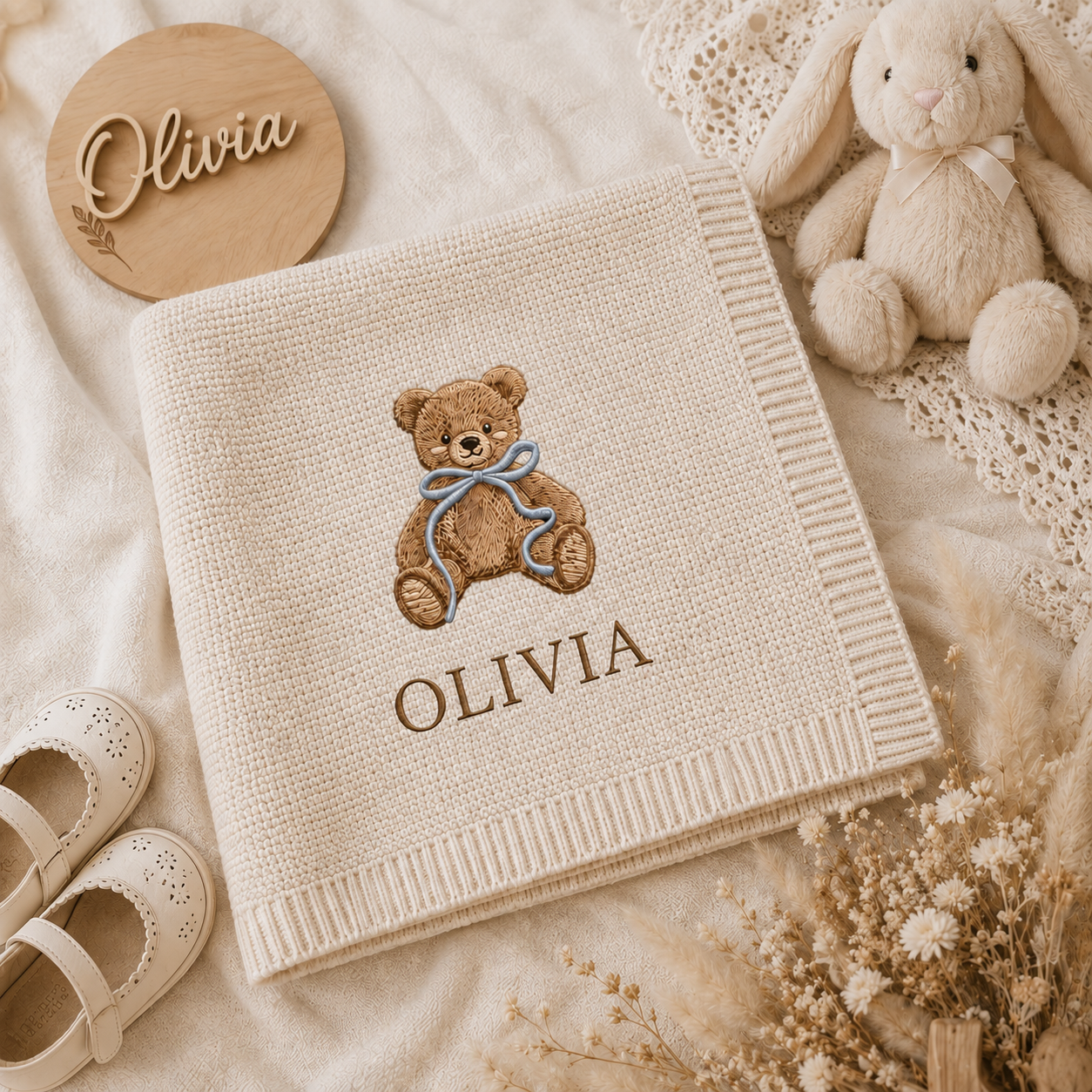 Personalized Teddy Bear Baby Embroidered Blanket