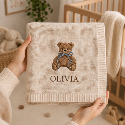 Personalized Teddy Bear Baby Embroidered Blanket