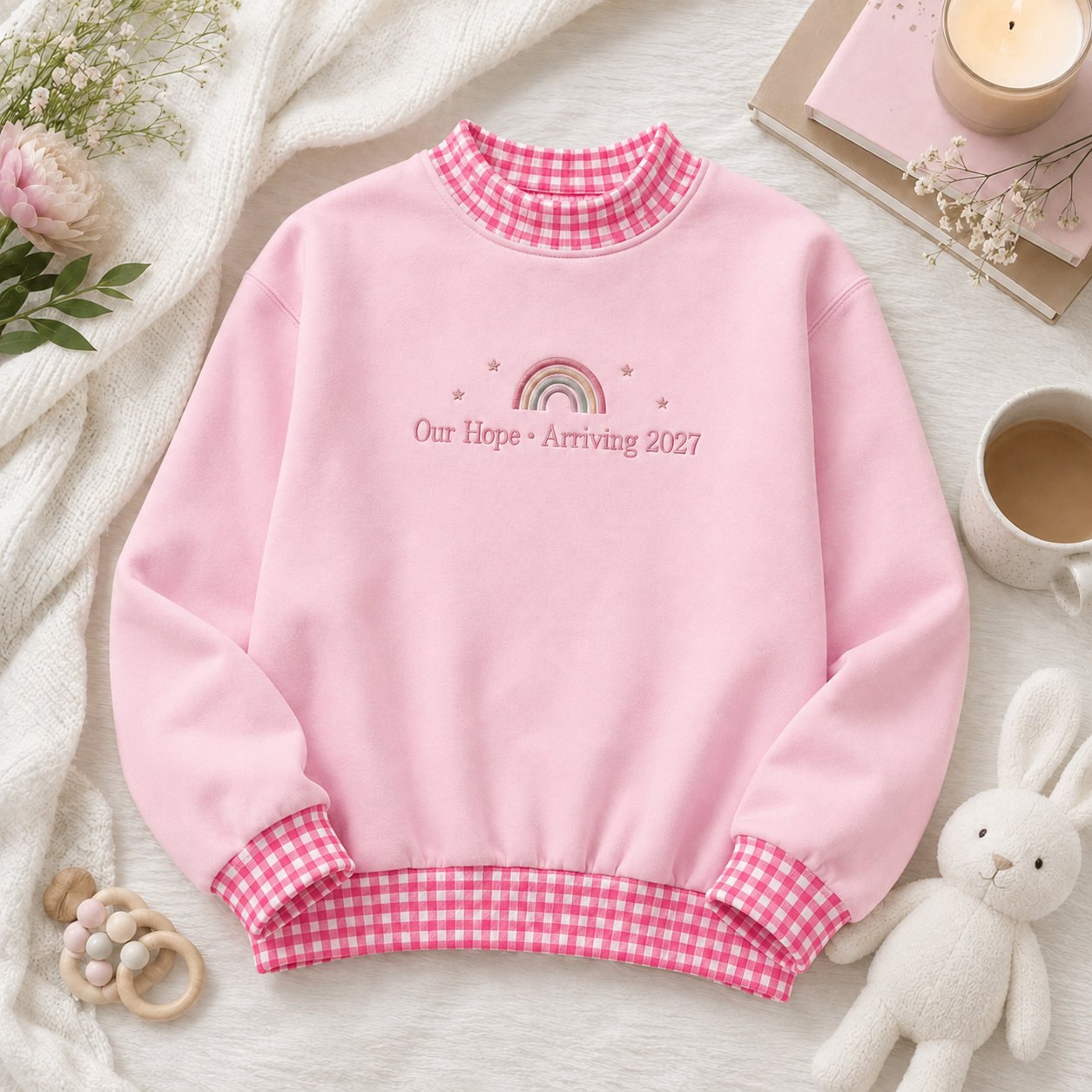 Personalized Rainbow Baby Announcement Gingham Mockneck Sweatshirt