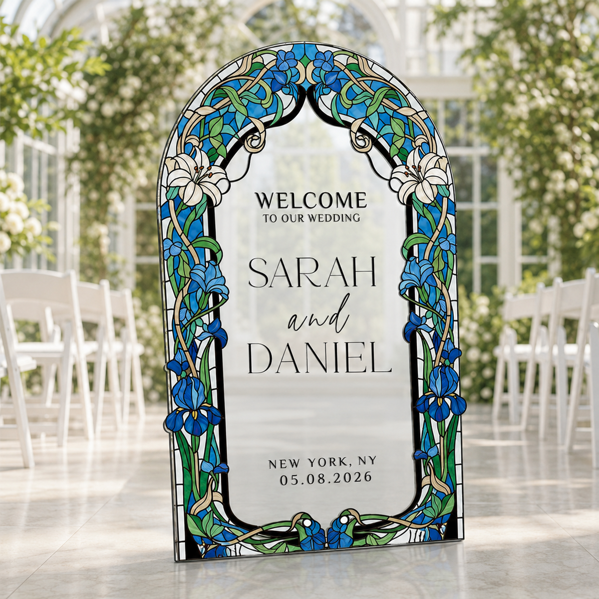 Personalized Blue Iris Stained Glass Wedding Welcome Sign
