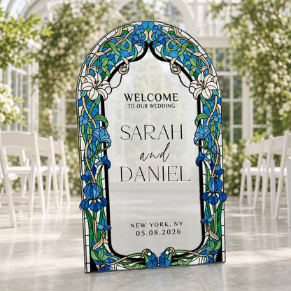 Personalized Blue Iris Stained Glass Wedding Welcome Sign