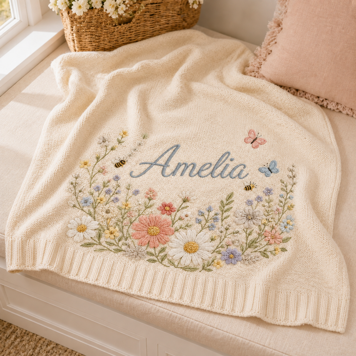 Personalized Wildflower Meadow Embroidered Baby Knit Blanket with Bees & Butterflies
