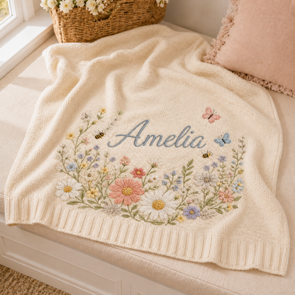 Personalized Wildflower Meadow Embroidered Baby Knit Blanket with Bees & Butterflies