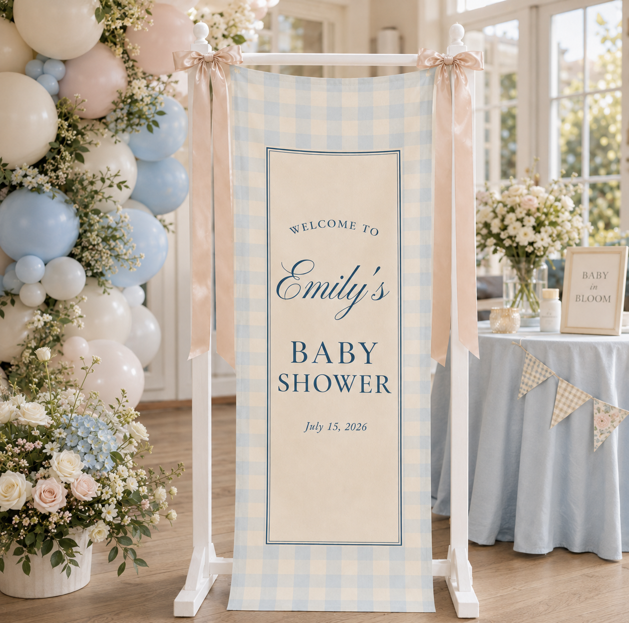 Personalized Blue Gingham Baby Shower Banner