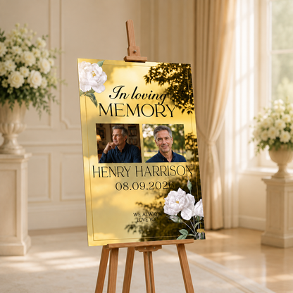 Personalized White Rose Gold Mirror Double Photo Memorial Sign