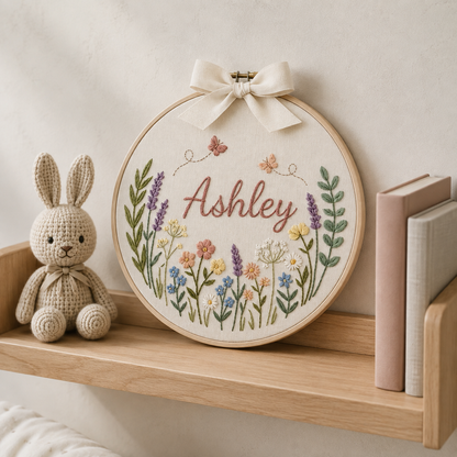 Personalized Butterfly Floral Baby Name Embroidery Hoop