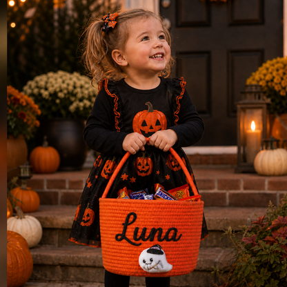 Personalized Embroidered Halloween Ghost Trick or Treat Basket
