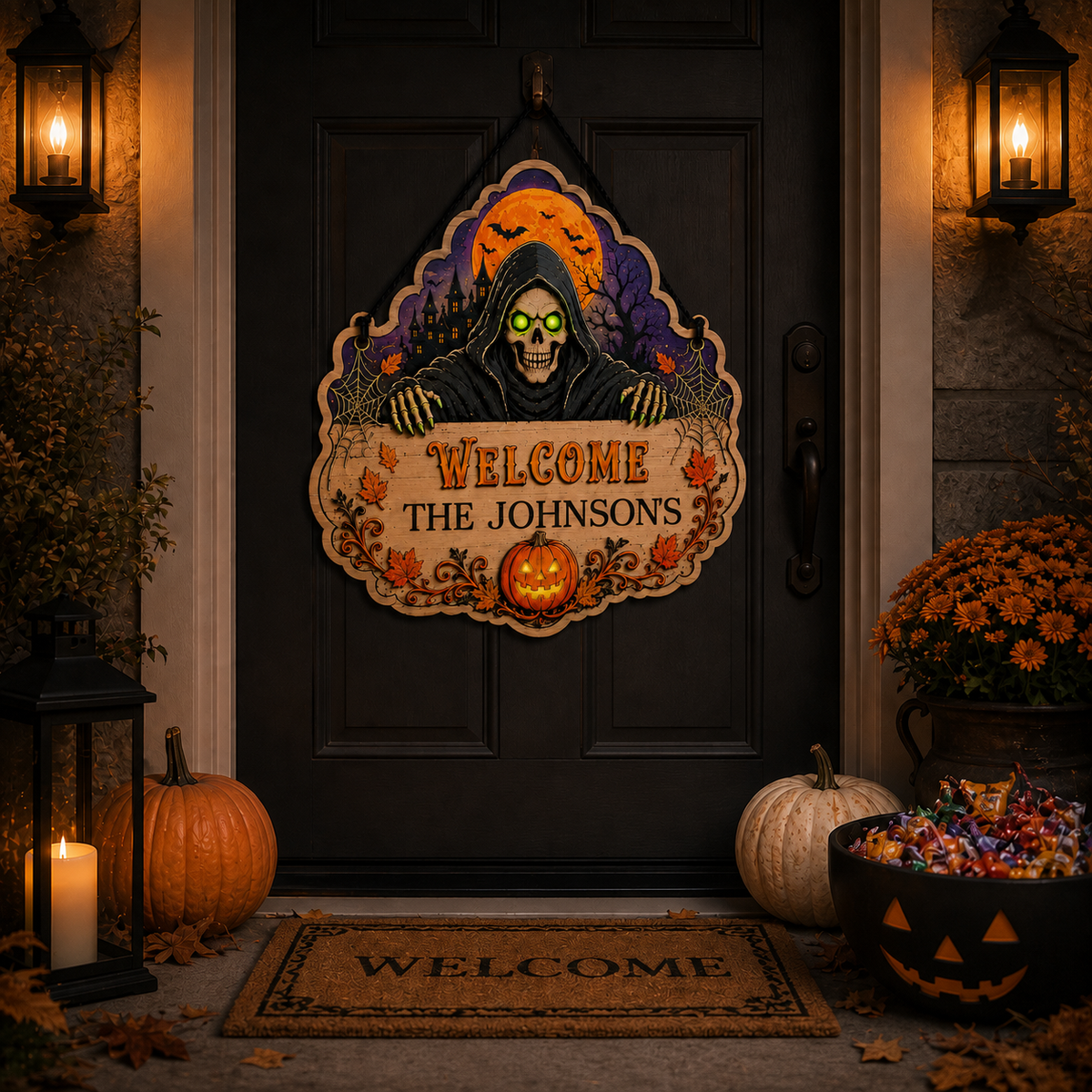 Personalized Grim Reaper Halloween Wooden Door Sign
