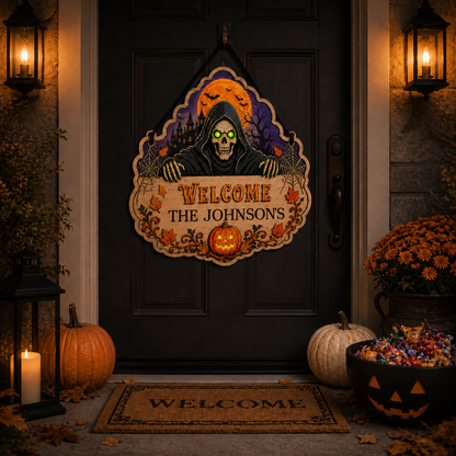 Personalized Grim Reaper Halloween Wooden Door Sign