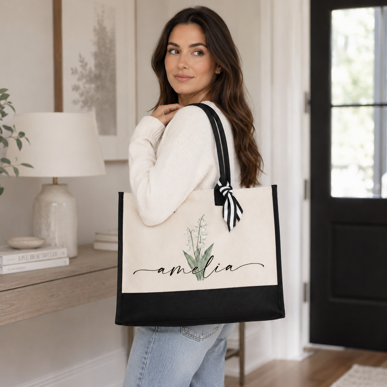 Personalized Floral Name Tote Bag
