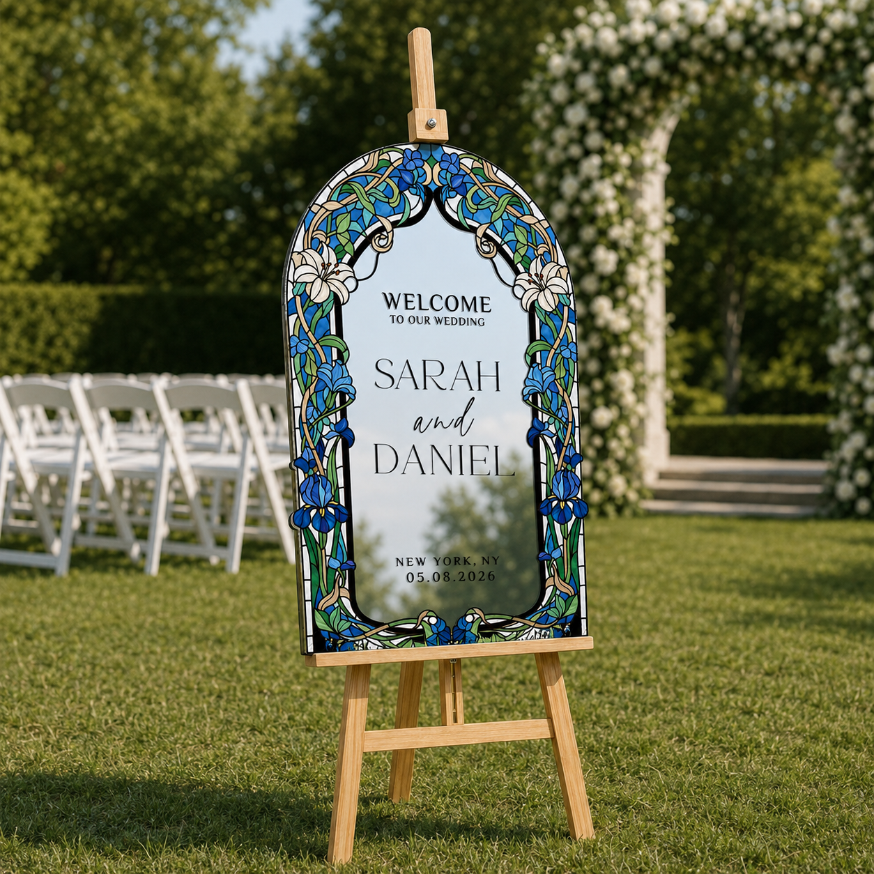 Personalized Blue Iris Stained Glass Wedding Welcome Sign