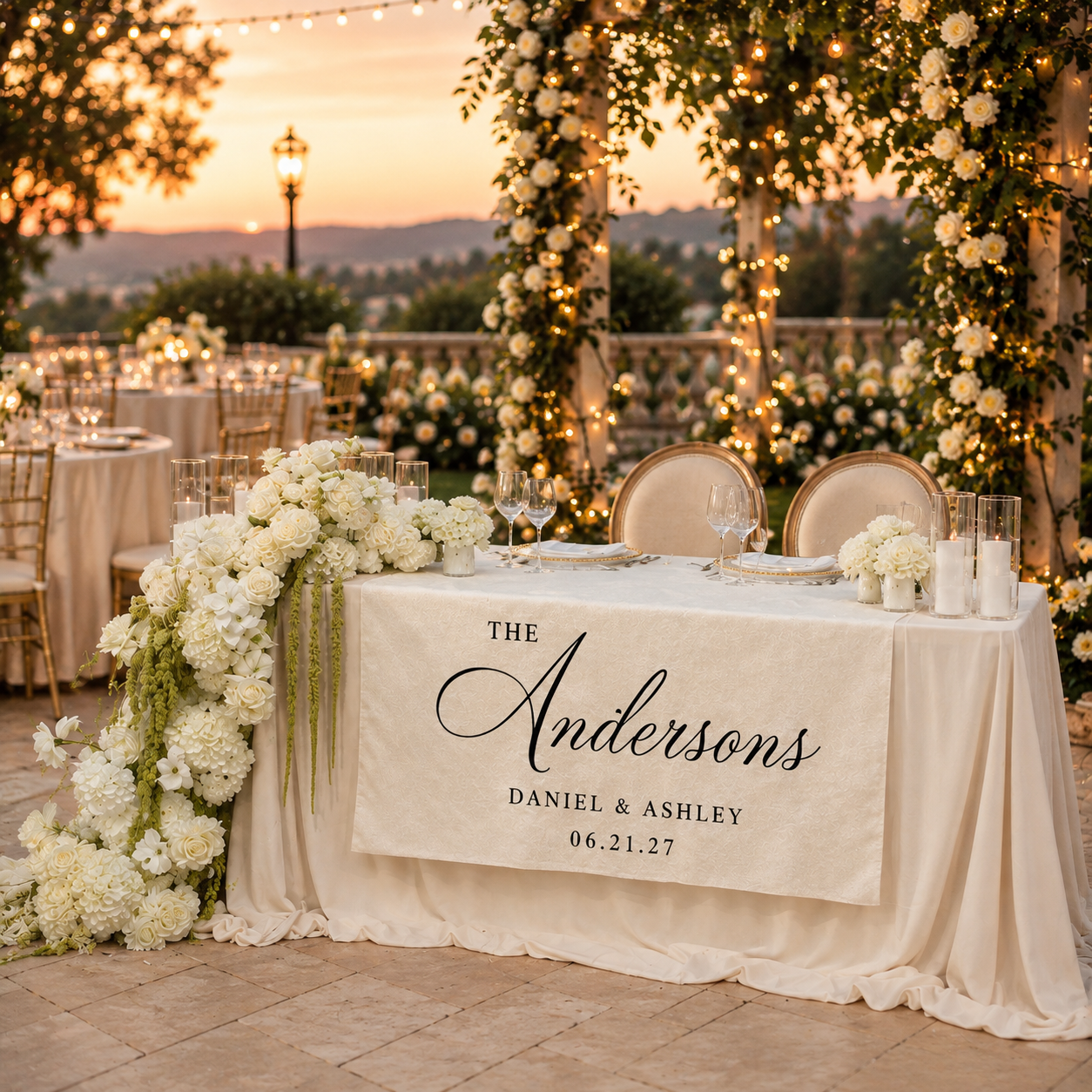 Elegant Wedding Table Runner for Reception Personalized Last Name Design