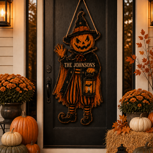 Personalized Pumpkin Witch Halloween Wooden Door Sign