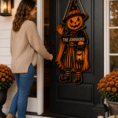 Personalized Pumpkin Witch Halloween Wooden Door Sign