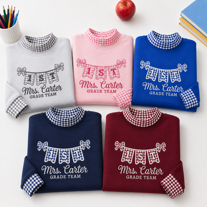 Teacher Embroidery Sweatshirt Gingham with Personalized Grade Pennant