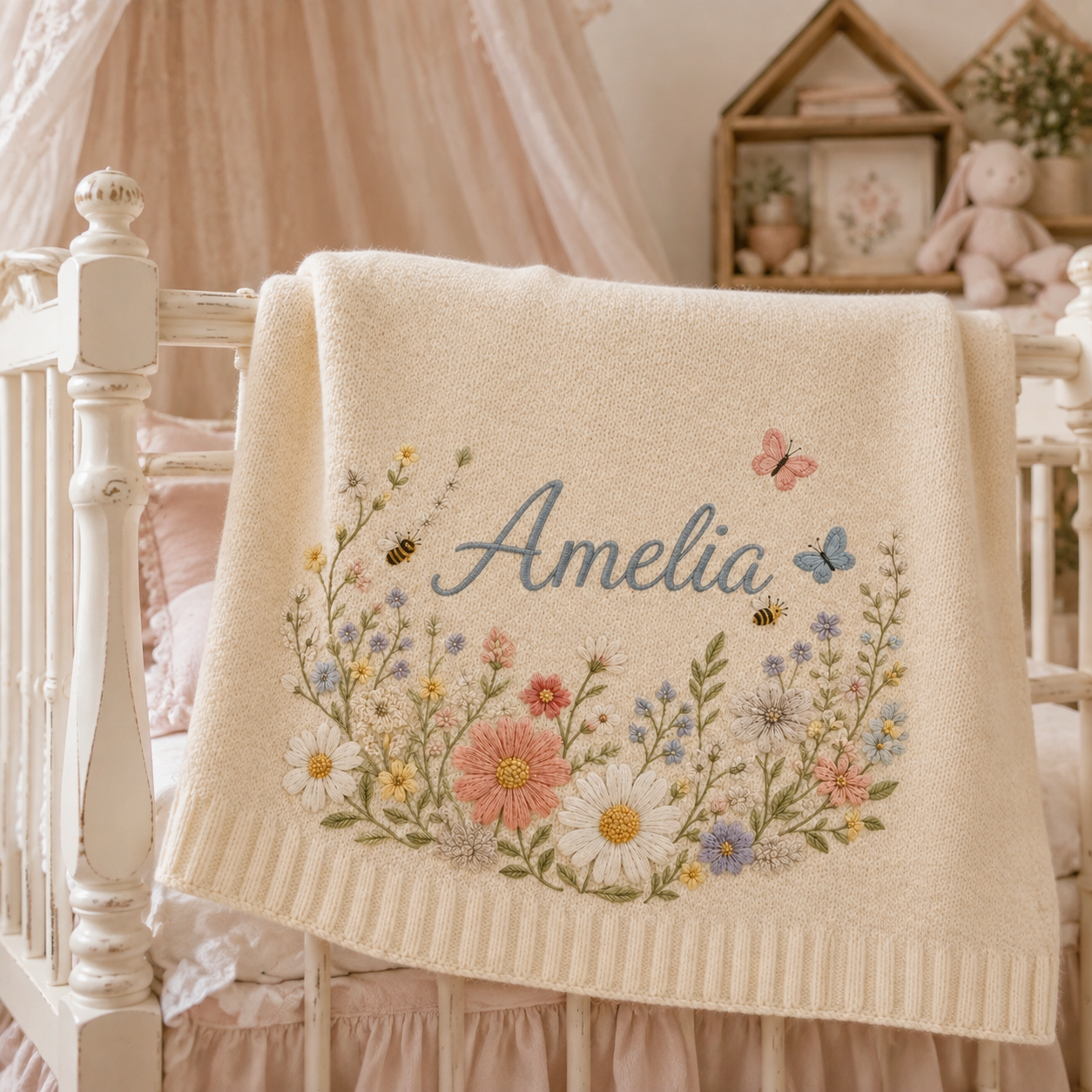 Personalized Wildflower Meadow Embroidered Baby Knit Blanket with Bees & Butterflies