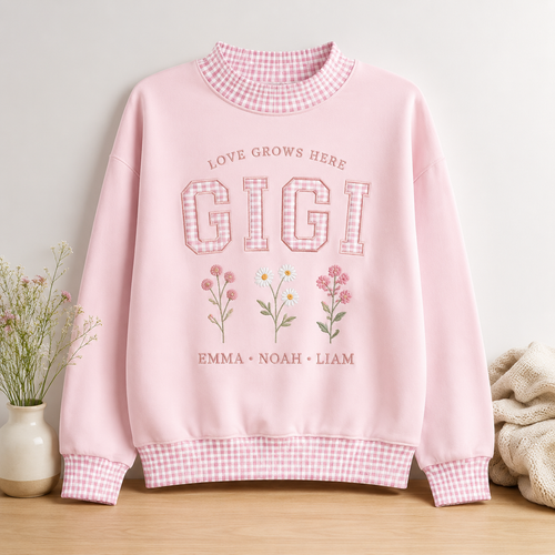 Pink personalized Gigi sweatshirt with grandkids names