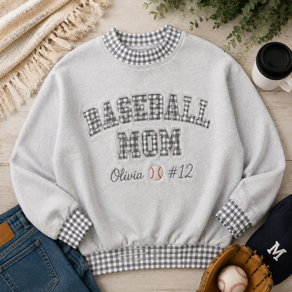 Ash grey baseball mom gingham sweatshirt product mockup