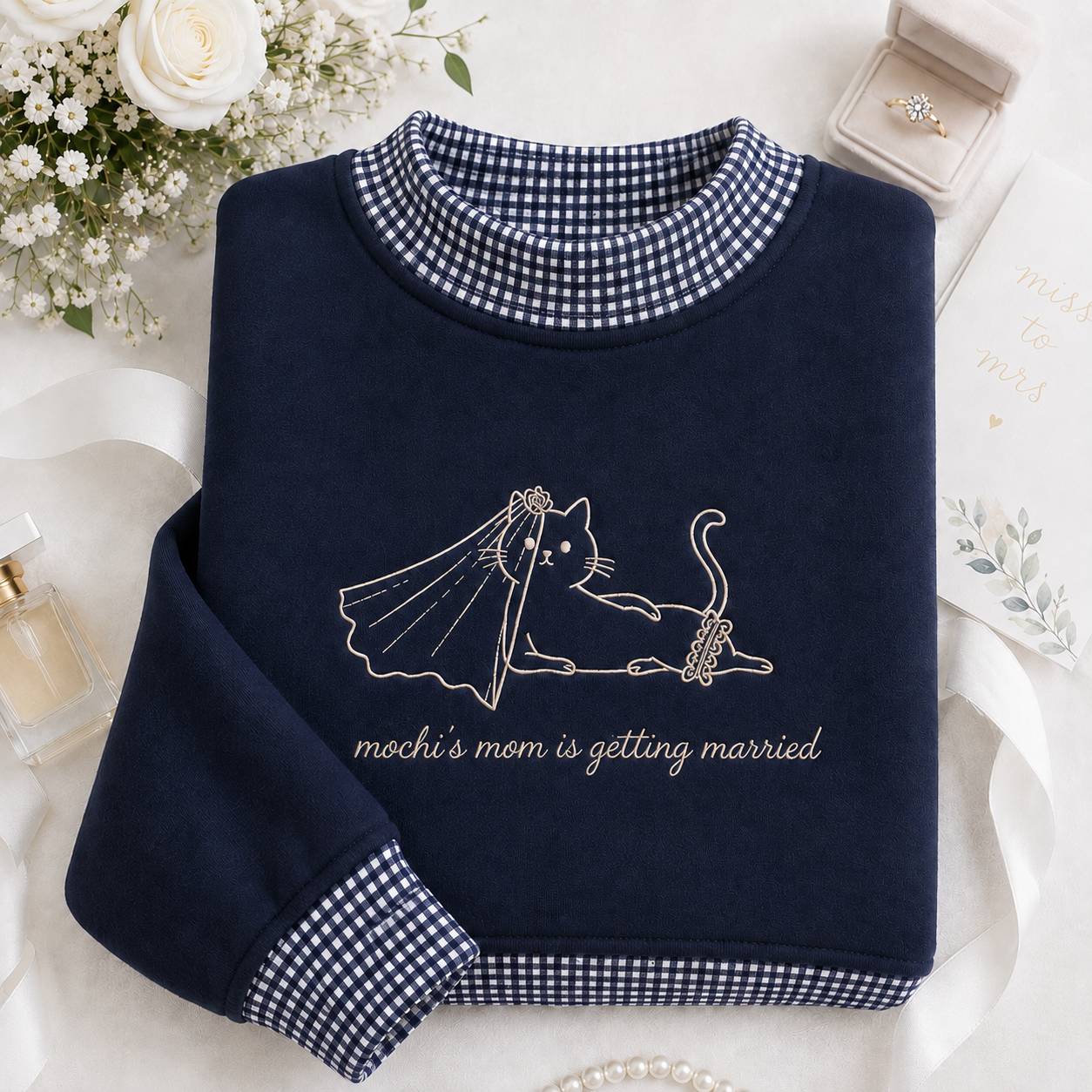 Personalized Cat Mom Getting Married Gingham Mockneck Sweatshirt