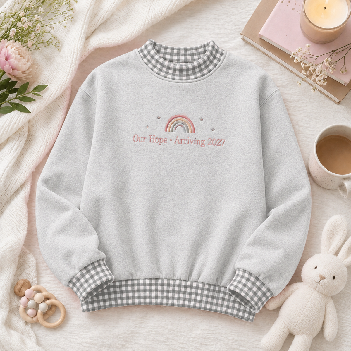 Personalized Rainbow Baby Announcement Gingham Mockneck Sweatshirt