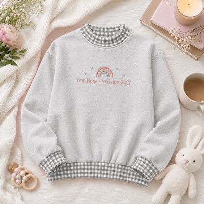 Personalized Rainbow Baby Announcement Gingham Mockneck Sweatshirt