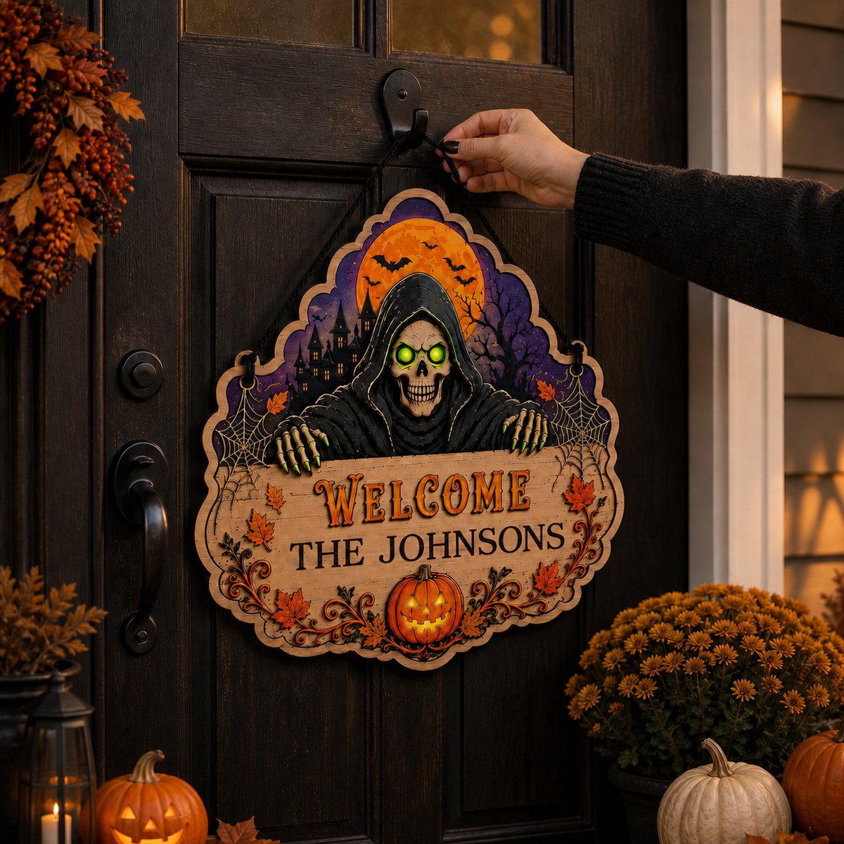 Personalized Grim Reaper Halloween Wooden Door Sign
