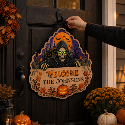 Personalized Grim Reaper Halloween Wooden Door Sign