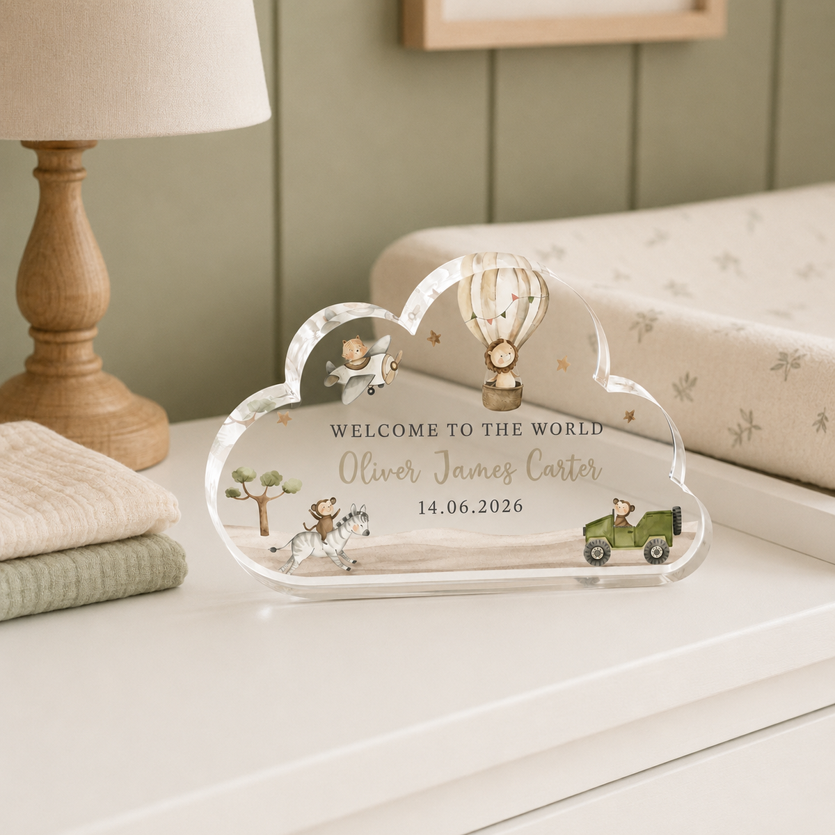 Personalized Safari Cloud Acrylic Newborn Keepsake – Name & Birth Date