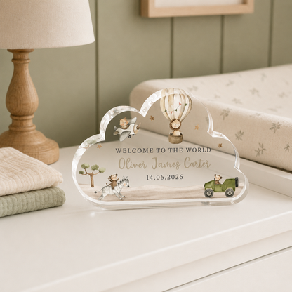 Personalized Safari Cloud Acrylic Newborn Keepsake – Name & Birth Date
