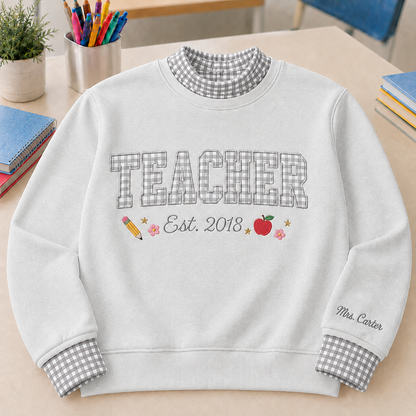 Cute Gingham Sweatshirt for Teachers with Personalized Name Sleeve